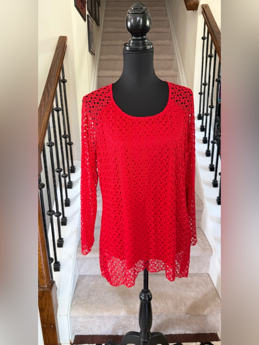 Red Crochet Long-Sleeve Scoop Neck Top
